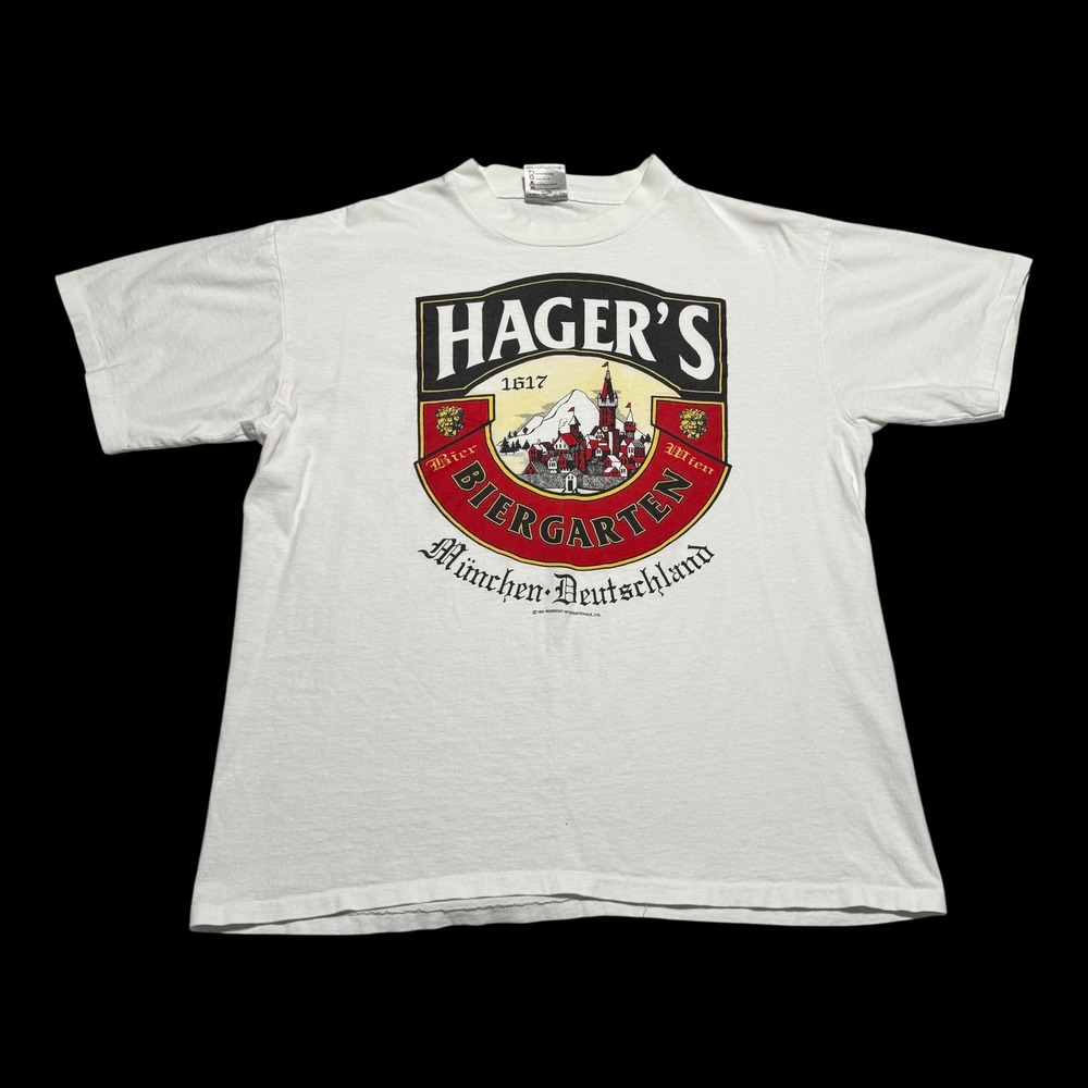 Vintage‎ 80s Oneita Hager's Biergarten Deutschland Beer Shirt Men's Large FLAWS